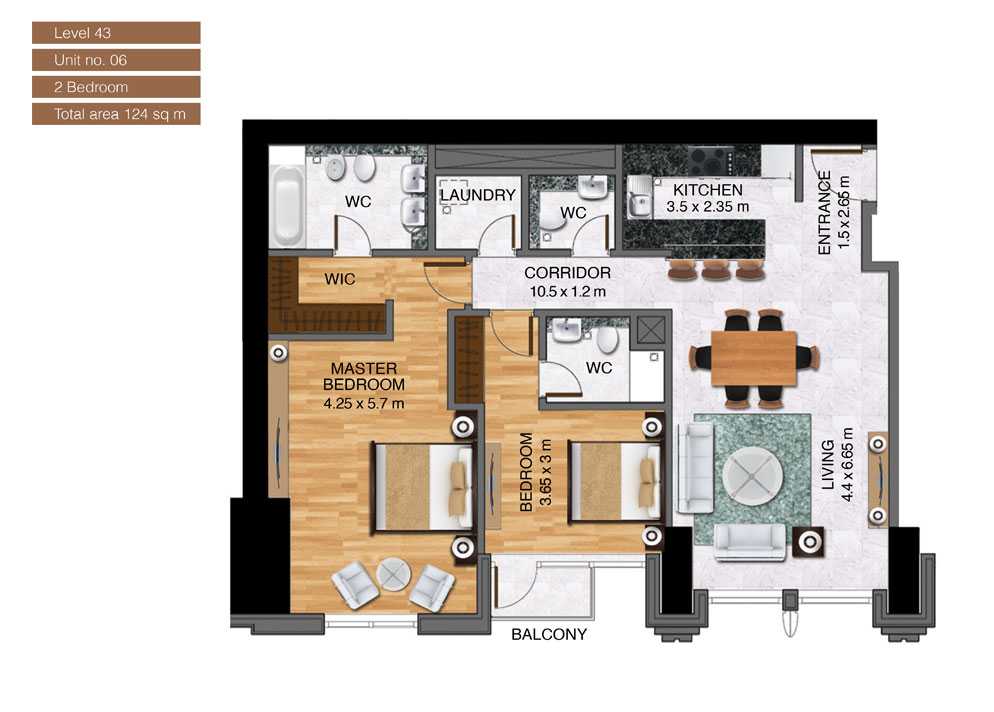 Level-43,Unit-no-6-,2-Bedroom-,Size-124-Sq m